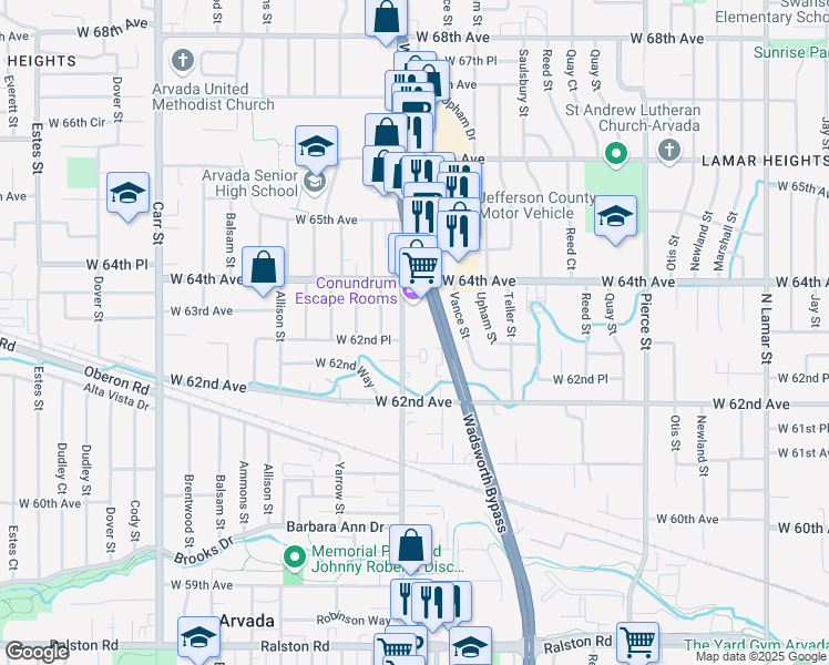 map of restaurants, bars, coffee shops, grocery stores, and more near 6320 Olde Wadsworth Boulevard in Arvada