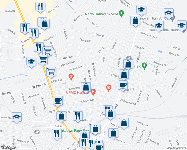 map of restaurants, bars, coffee shops, grocery stores, and more near 279 East Elm Avenue in Hanover