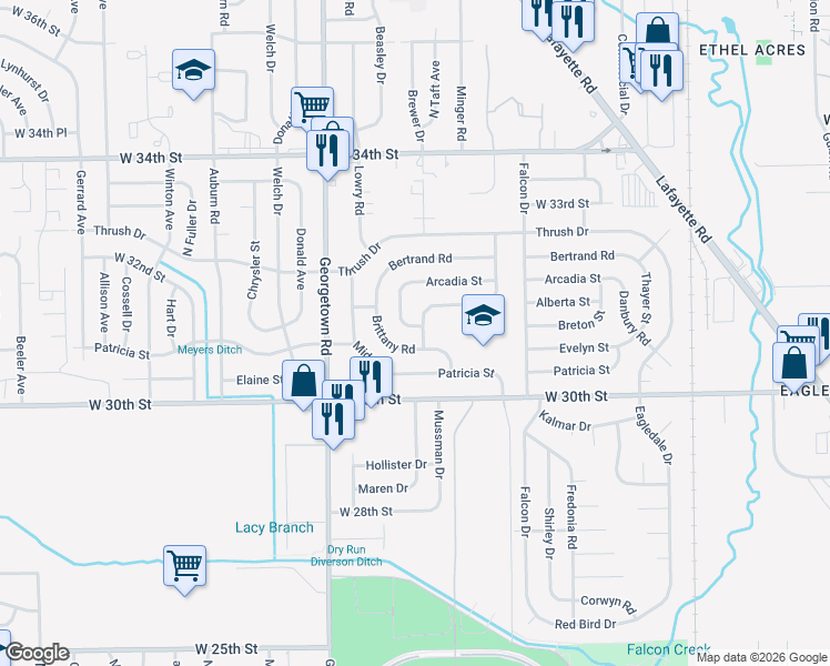map of restaurants, bars, coffee shops, grocery stores, and more near 3106 Keswick Road in Indianapolis