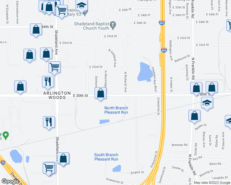 map of restaurants, bars, coffee shops, grocery stores, and more near 7414 East 30th Street in Indianapolis
