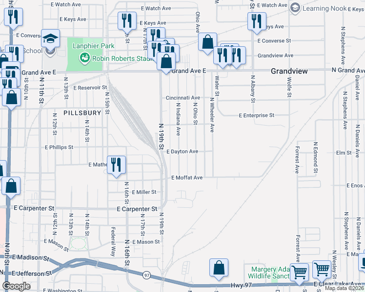 map of restaurants, bars, coffee shops, grocery stores, and more near 900-998 North Indiana Avenue in Springfield