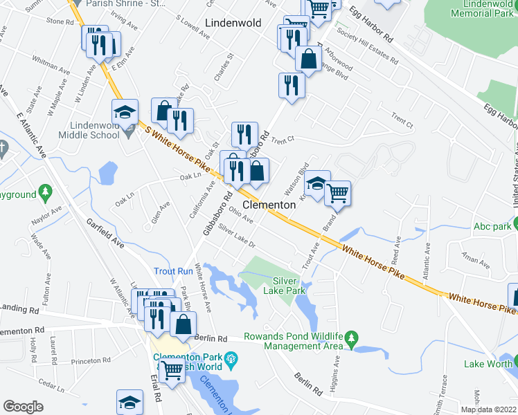 map of restaurants, bars, coffee shops, grocery stores, and more near 120 White Horse Pike in Clementon