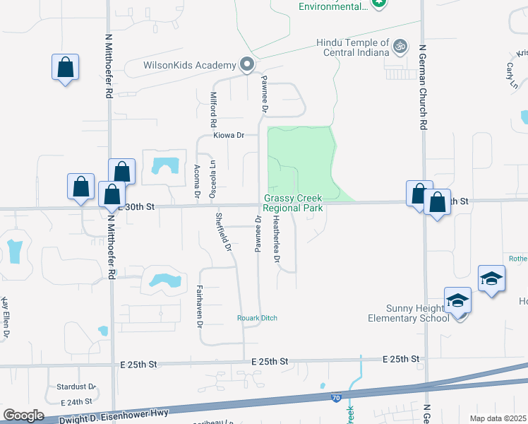 map of restaurants, bars, coffee shops, grocery stores, and more near 2919 Pawnee Drive in Indianapolis
