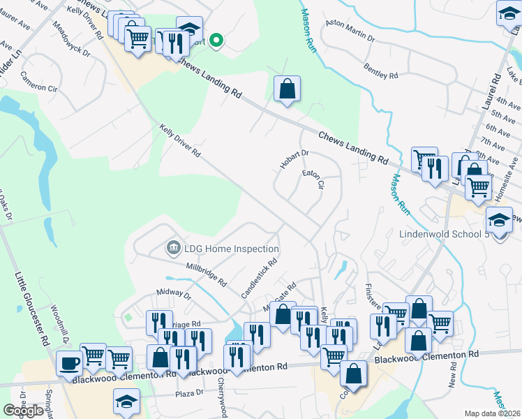 map of restaurants, bars, coffee shops, grocery stores, and more near 138 Kelly Driver Road in Clementon