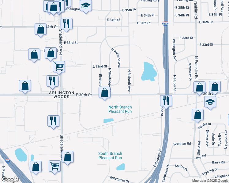 map of restaurants, bars, coffee shops, grocery stores, and more near 7404 North 30th Street in Indianapolis