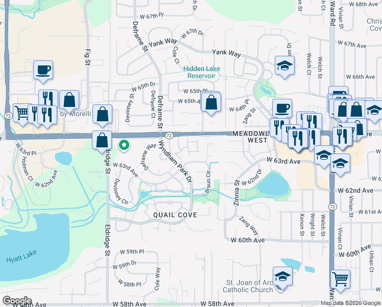 map of restaurants, bars, coffee shops, grocery stores, and more near 6325 Braun Lane in Arvada