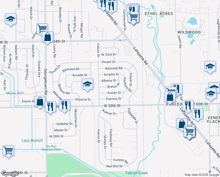 map of restaurants, bars, coffee shops, grocery stores, and more near 4101 Breton Street in Indianapolis