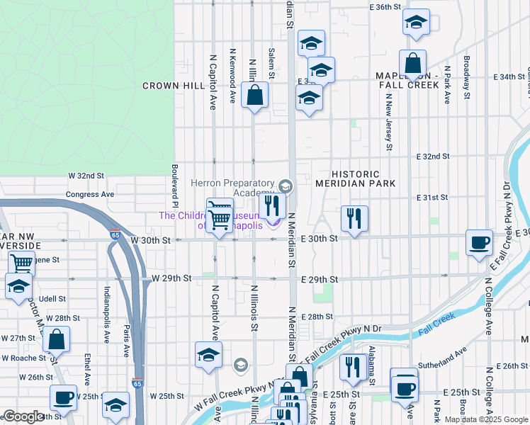map of restaurants, bars, coffee shops, grocery stores, and more near 3043 North Illinois Street in Indianapolis