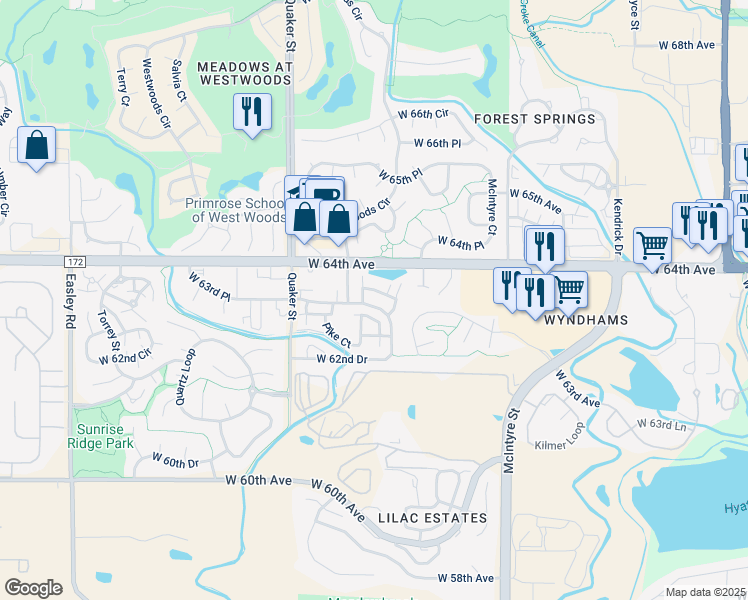 map of restaurants, bars, coffee shops, grocery stores, and more near 16022 West 63rd Lane in Arvada