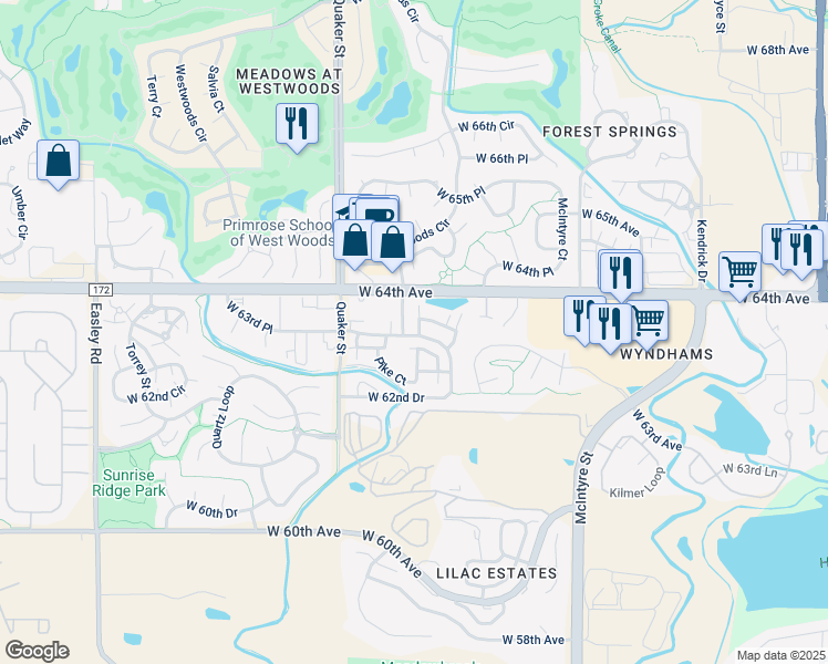 map of restaurants, bars, coffee shops, grocery stores, and more near 6365 Pike Street in Arvada