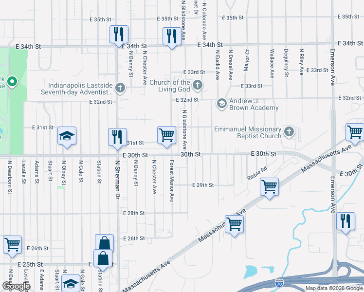 map of restaurants, bars, coffee shops, grocery stores, and more near 3018 North Gladstone Avenue in Indianapolis