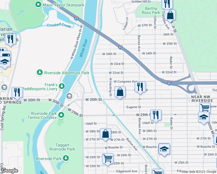 map of restaurants, bars, coffee shops, grocery stores, and more near 3125 North Harding Street in Indianapolis