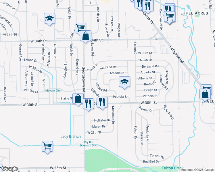 map of restaurants, bars, coffee shops, grocery stores, and more near 3106 Keswick Road in Indianapolis