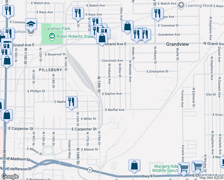 map of restaurants, bars, coffee shops, grocery stores, and more near 900-998 North Indiana Avenue in Springfield