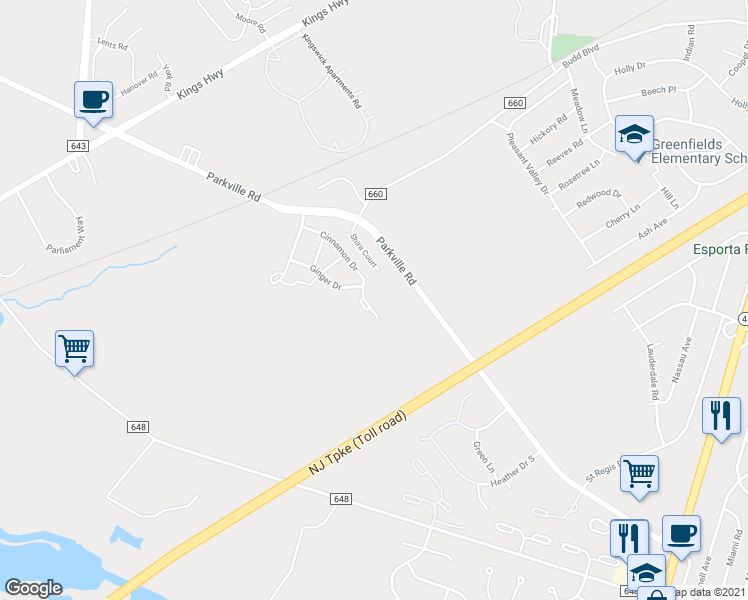 map of restaurants, bars, coffee shops, grocery stores, and more near 118 Cinnamon Road in West Deptford