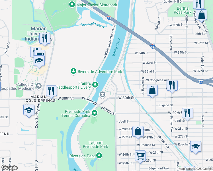 map of restaurants, bars, coffee shops, grocery stores, and more near 1610 30th Street in Indianapolis