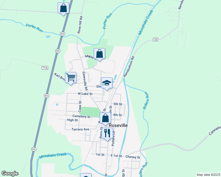 map of restaurants, bars, coffee shops, grocery stores, and more near 160 North Perry Street in Roseville