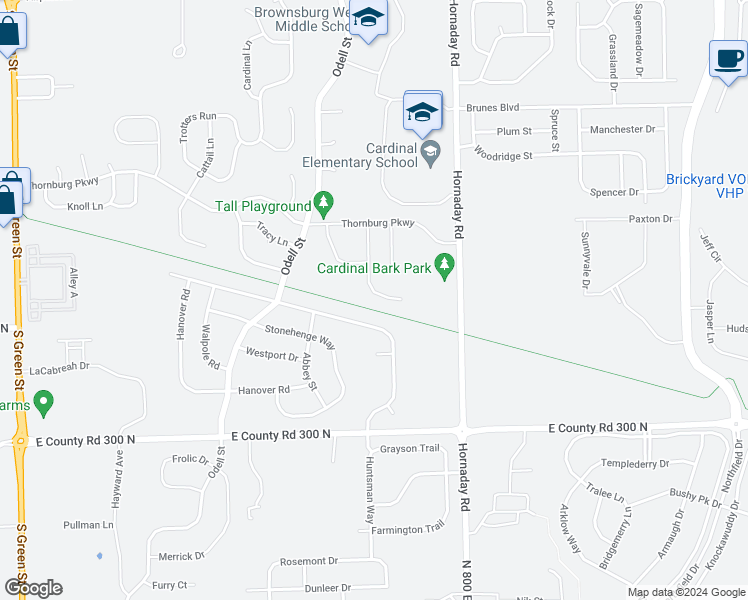 map of restaurants, bars, coffee shops, grocery stores, and more near 2092 Fullwood Drive in Brownsburg