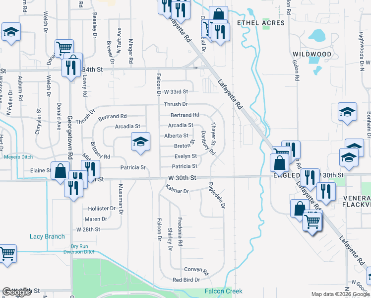 map of restaurants, bars, coffee shops, grocery stores, and more near 4051 Breton Street in Indianapolis