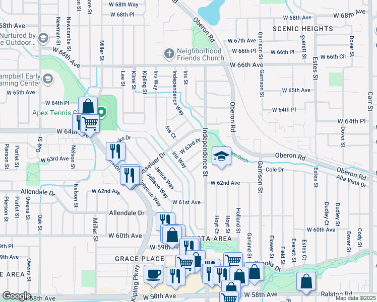map of restaurants, bars, coffee shops, grocery stores, and more near 9652 West 63rd Place in Arvada