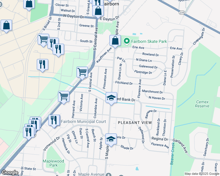 map of restaurants, bars, coffee shops, grocery stores, and more near 865 South Maple Avenue in Fairborn