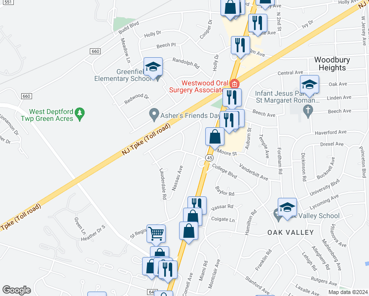 map of restaurants, bars, coffee shops, grocery stores, and more near 12 Riviera Drive in Woodbury