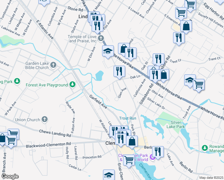 map of restaurants, bars, coffee shops, grocery stores, and more near 260 Harding Avenue in Clementon