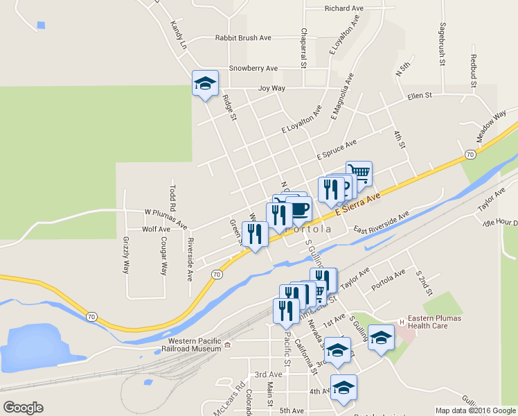 map of restaurants, bars, coffee shops, grocery stores, and more near 165 West Plumas Avenue in Portola