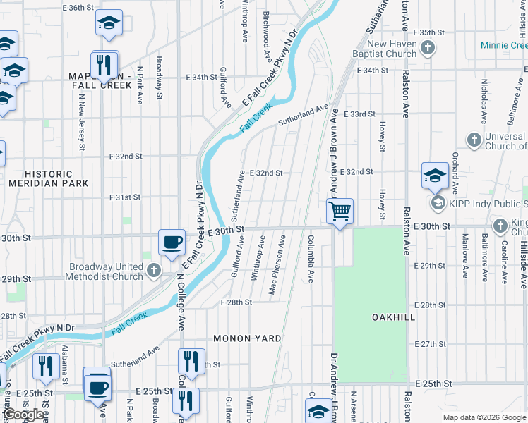 map of restaurants, bars, coffee shops, grocery stores, and more near 3028 Guilford Avenue in Indianapolis