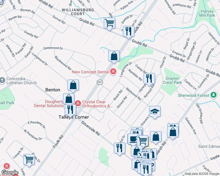 map of restaurants, bars, coffee shops, grocery stores, and more near 2401 Marleton Drive in Wilmington
