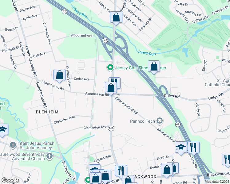 map of restaurants, bars, coffee shops, grocery stores, and more near 7 Coles Rd in Gloucester Township
