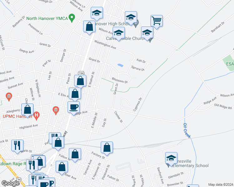 map of restaurants, bars, coffee shops, grocery stores, and more near 834 Grant Drive in Hanover