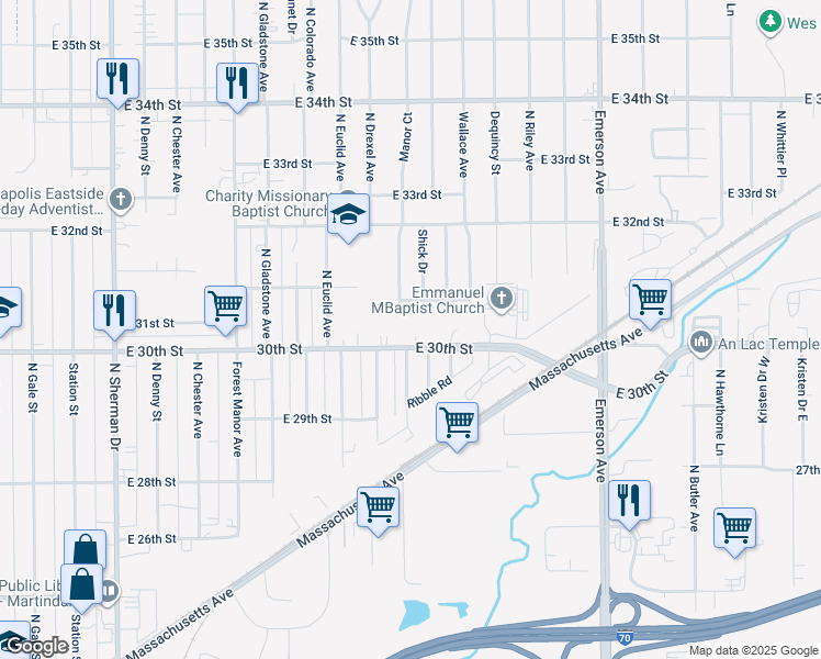 map of restaurants, bars, coffee shops, grocery stores, and more near 4710 East 30th Street in Indianapolis