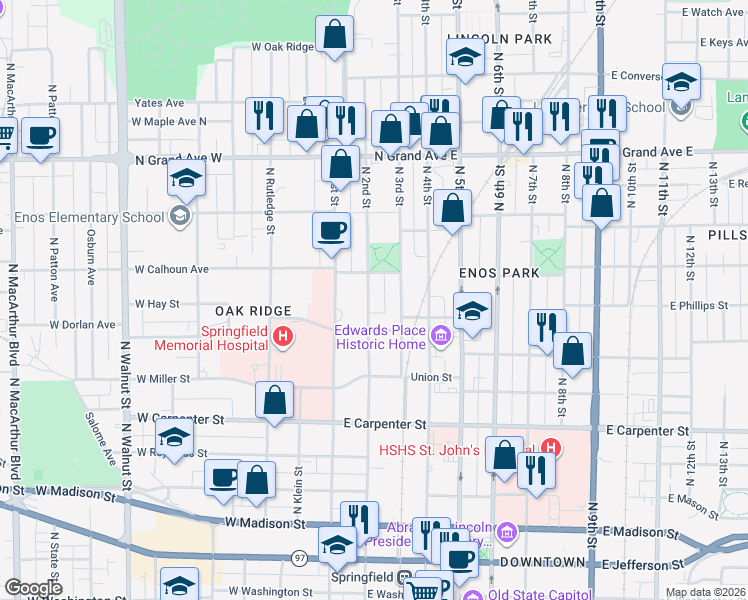 map of restaurants, bars, coffee shops, grocery stores, and more near 900 North 1st Street in Springfield