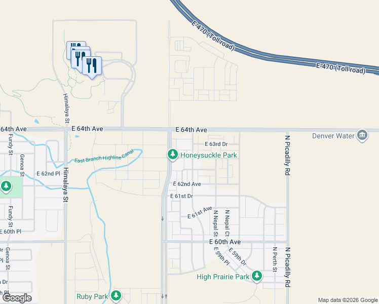 map of restaurants, bars, coffee shops, grocery stores, and more near East 64th Avenue in Aurora