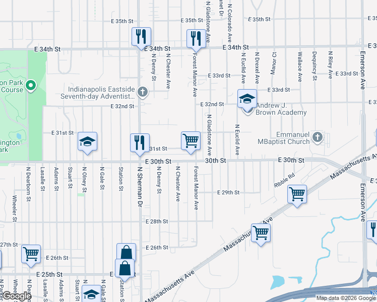 map of restaurants, bars, coffee shops, grocery stores, and more near 4021 East 31st Street in Indianapolis