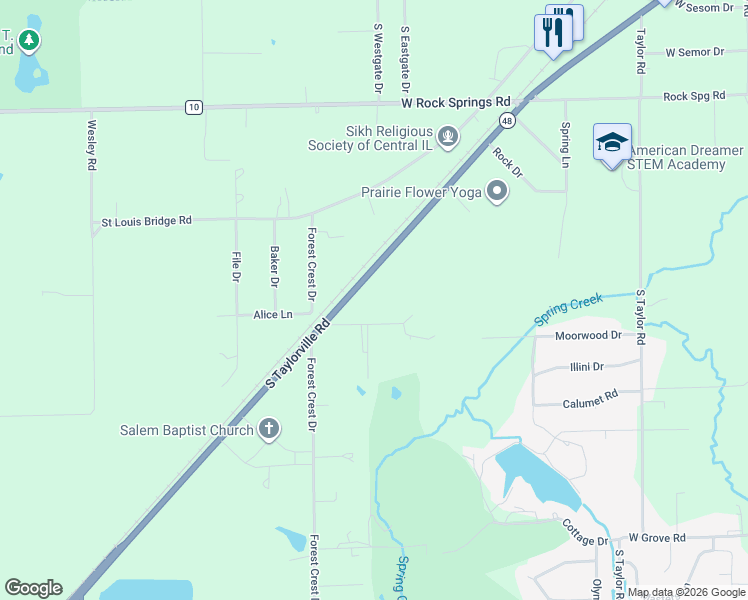 map of restaurants, bars, coffee shops, grocery stores, and more near 2650 South Taylorville Road in Decatur