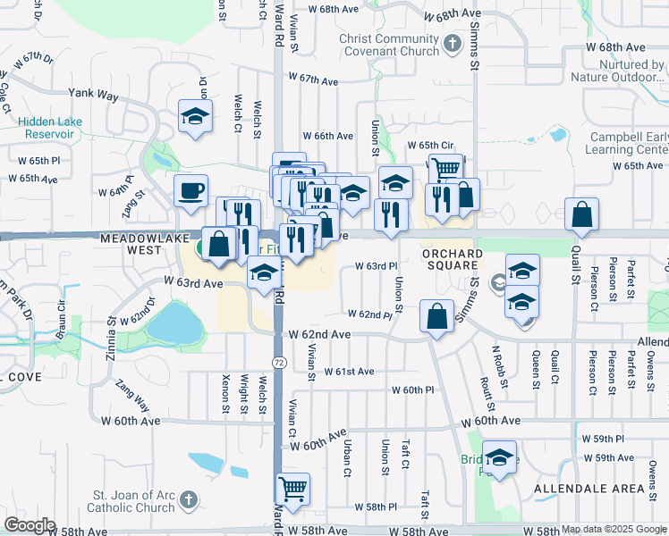 map of restaurants, bars, coffee shops, grocery stores, and more near 12161 West 63rd Place in Arvada