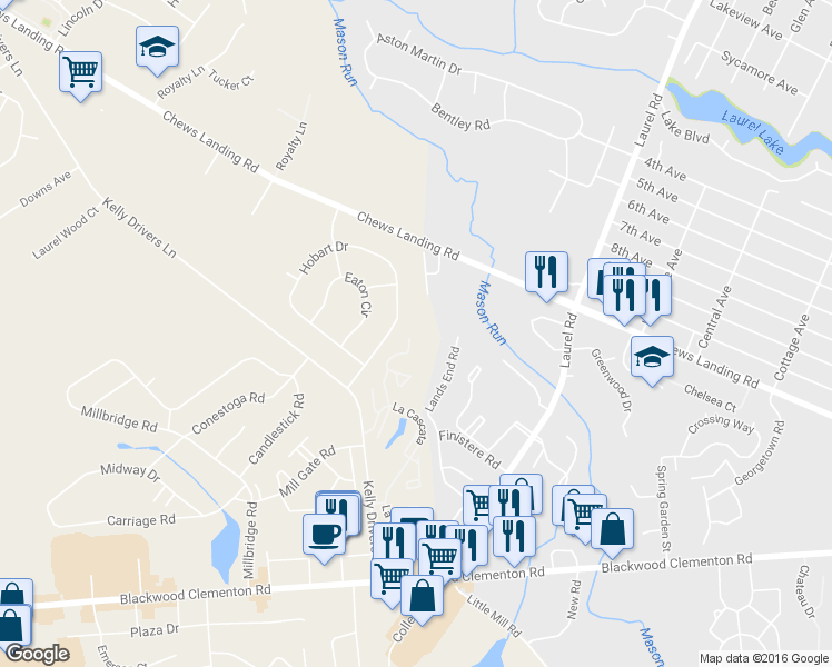 map of restaurants, bars, coffee shops, grocery stores, and more near 500 Via Cascata Drive in Clementon
