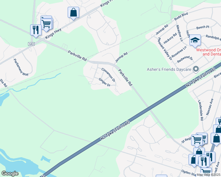 map of restaurants, bars, coffee shops, grocery stores, and more near 92 Ginger Drive in West Deptford