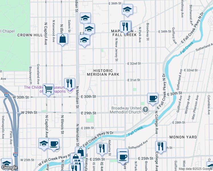 map of restaurants, bars, coffee shops, grocery stores, and more near 3050 North Washington Boulevard in Indianapolis