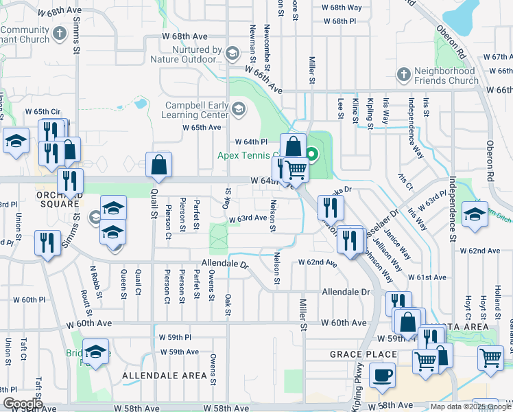 map of restaurants, bars, coffee shops, grocery stores, and more near 10693 West 63rd Drive in Arvada