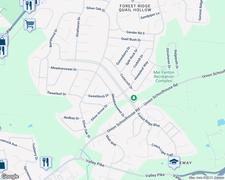 map of restaurants, bars, coffee shops, grocery stores, and more near 4078 Meadowsweet Drive in Dayton
