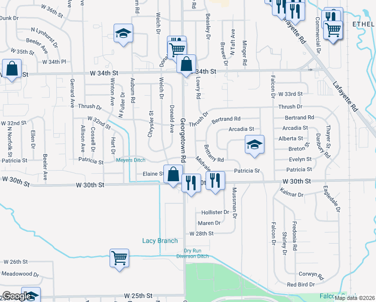 map of restaurants, bars, coffee shops, grocery stores, and more near 3107 Georgetown Road in Indianapolis