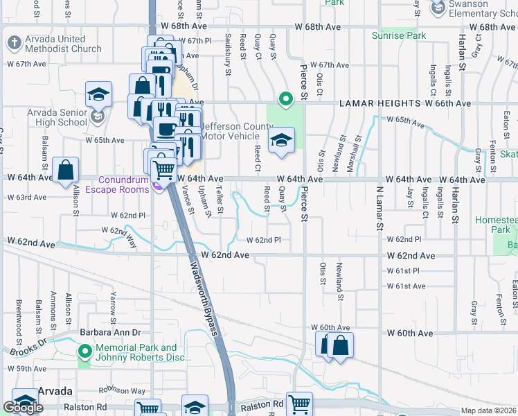 map of restaurants, bars, coffee shops, grocery stores, and more near 6339 Reed Street in Arvada