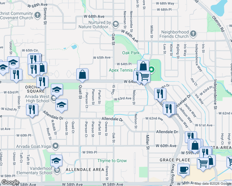 map of restaurants, bars, coffee shops, grocery stores, and more near 6350 Oak Street in Arvada