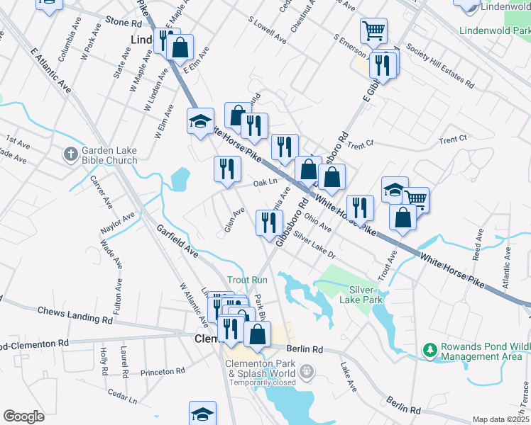 map of restaurants, bars, coffee shops, grocery stores, and more near 19 Silver Lake Drive in Clementon