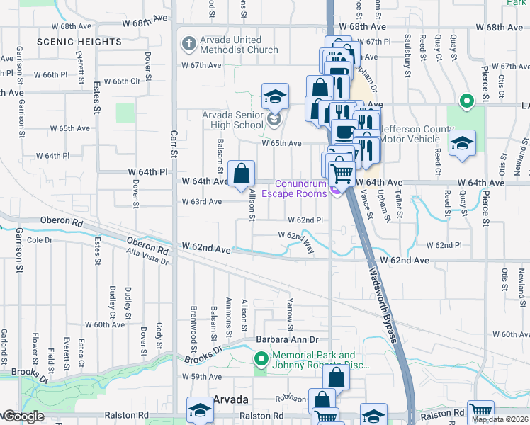 map of restaurants, bars, coffee shops, grocery stores, and more near 6271 Zephyr Street in Arvada