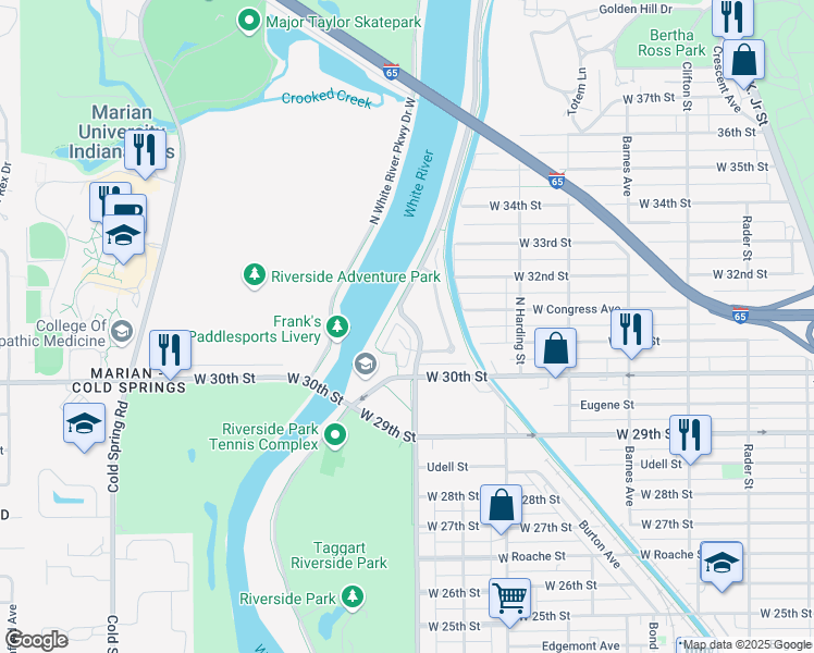 map of restaurants, bars, coffee shops, grocery stores, and more near 3109 Skylar Lane in Indianapolis