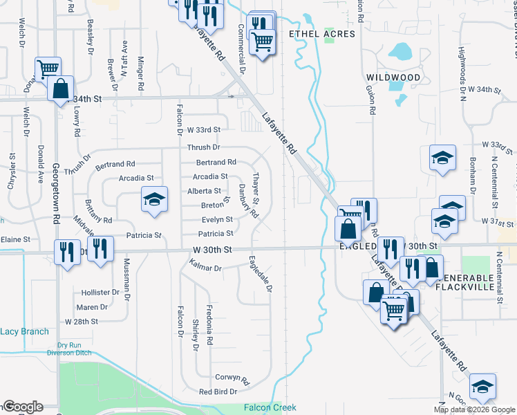 map of restaurants, bars, coffee shops, grocery stores, and more near 3107 Thayer Street in Indianapolis